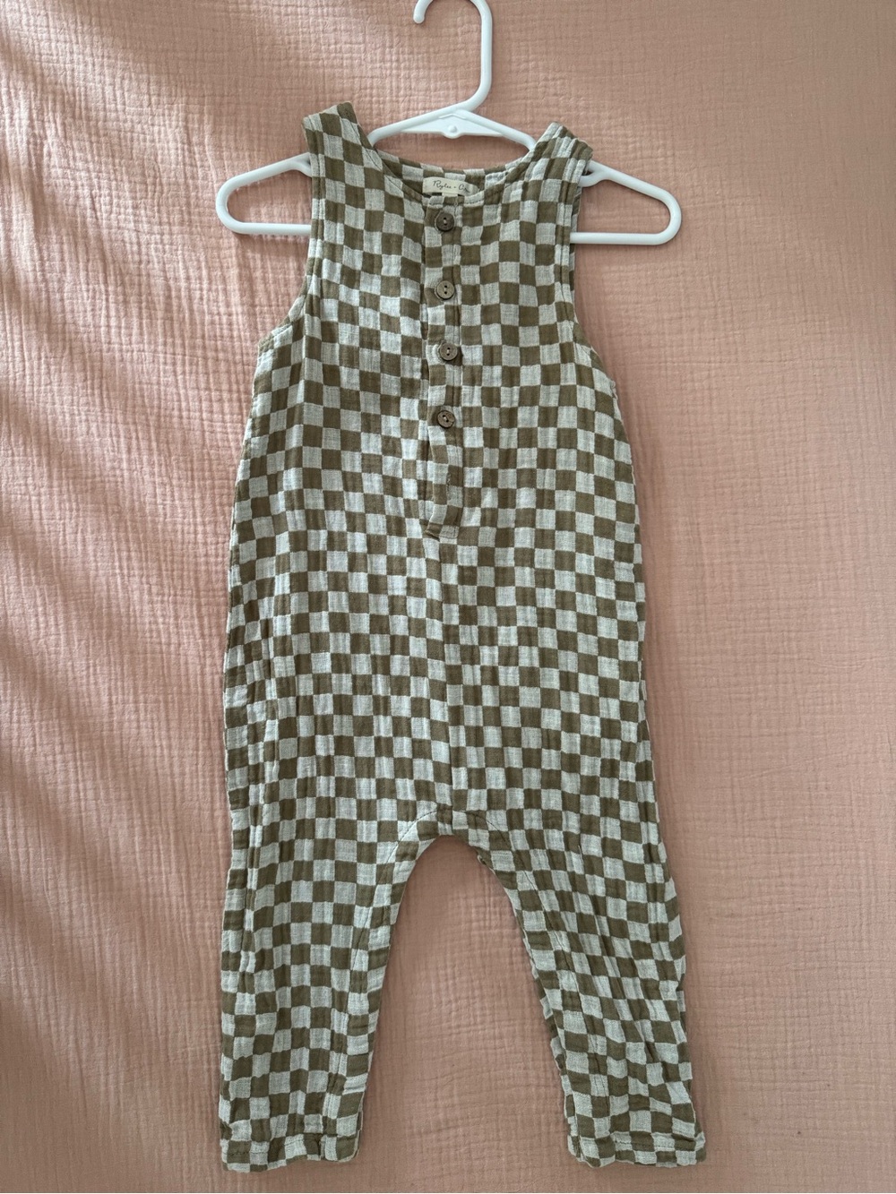 Rylee + Cru Olive and Cream Checkered Cotton Romper